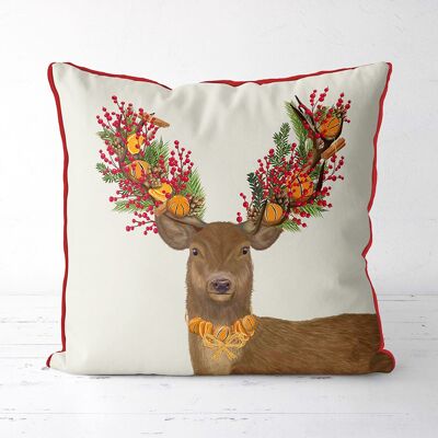 Deer, Cranberry and Orange Wreath Christmas Pillow, Cushion, 45x45cm