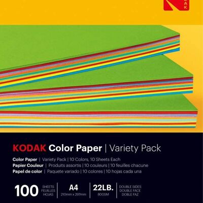 Papel de color KODAK - Paquete de 100 hojas de papel de color - Formato 21 x 29,7 cm (A4) - 10 colores disponibles (10 hojas por color) - 80 g/m² - Compatible con todas las impresoras de inyección de tinta