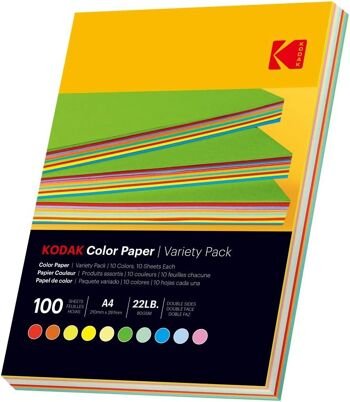 KODAK Color Paper - Pack de 100 feuilles de papier coloré - Format 21 x 29.7 cm (A4) - 10 couleurs disponibles (10 feuilles par couleur) - 80 gsm - Compatible avec toutes imprimante jet d'encre 2