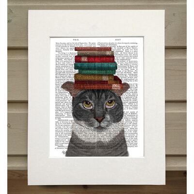 Grey Cat with Books on Head, Book Print, Art Print, Wall Art