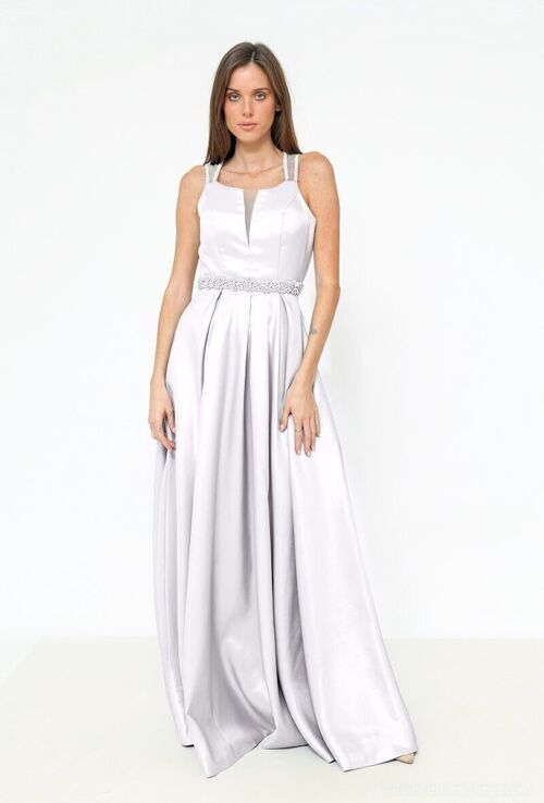 Robe longue de soirée strassée ceinture blanc