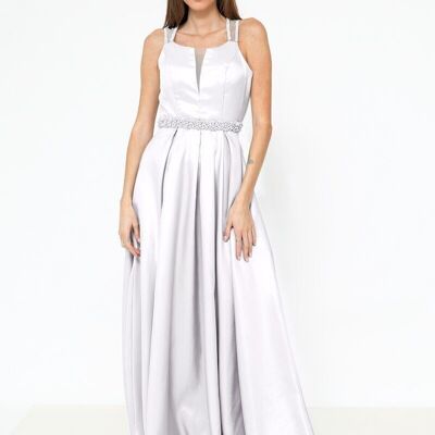 Long evening dress with rhinestones and white belt