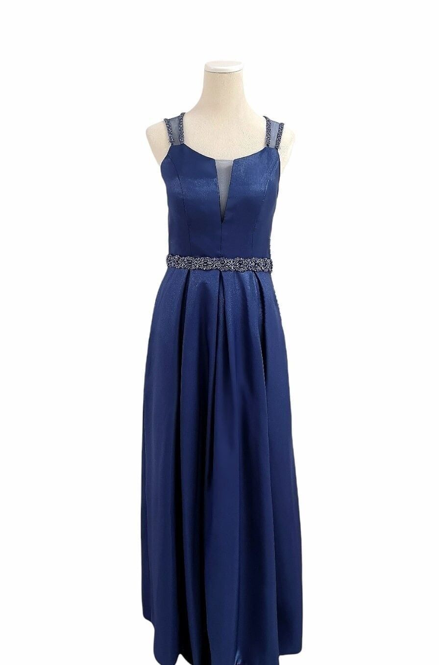 Robe longue de soirée strassée ceinture bleu Marine