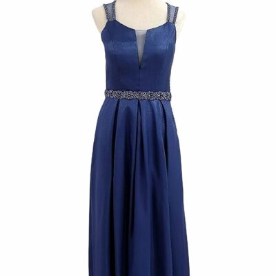 Long evening dress with rhinestones and navy blue belt