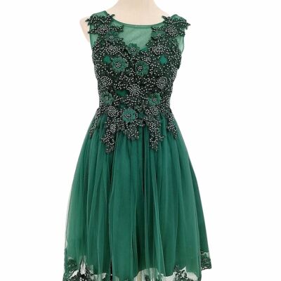 Vestido de fiesta corto en tul verde esmeralda
