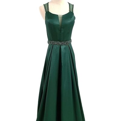 Long rhinestone evening dress with belt Emerald green