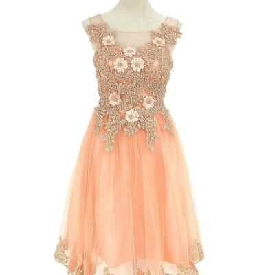 Short cocktail dress in floral salmon tulle