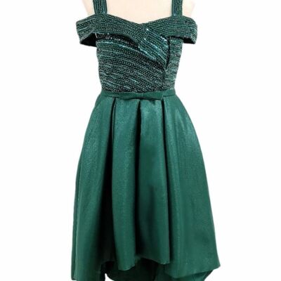 Smaragdgrünes, kurzes, langes, zeremonielles Kleid mit Strasssteinen