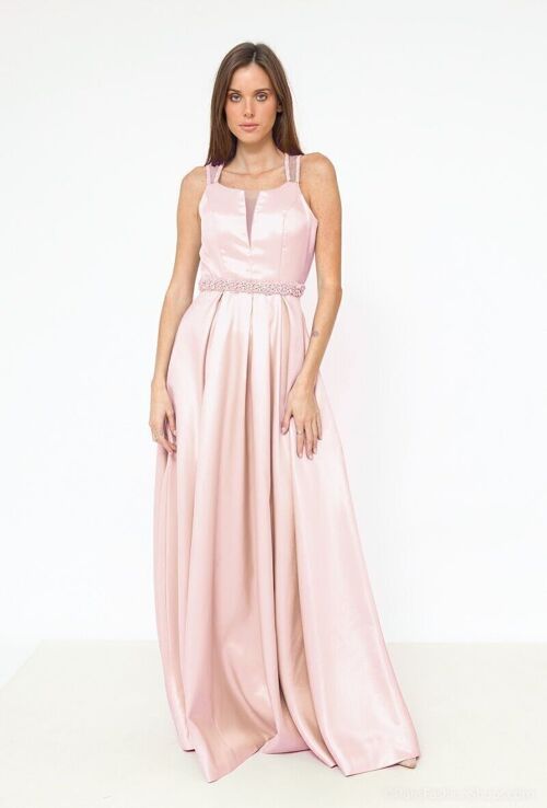 Robe longue de soirée strassée ceinture Rose poudré