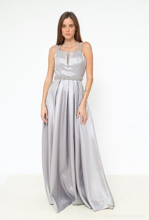 Robe longue de soirée strassée ceinture Gris