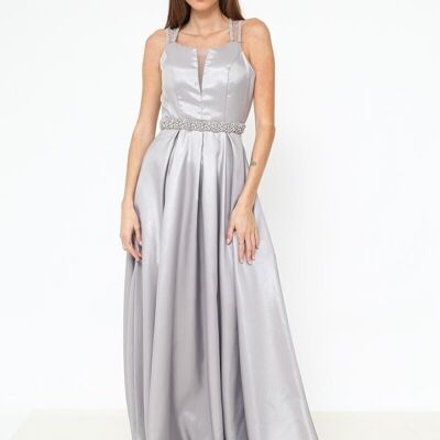 Long rhinestone evening dress with belt Gray