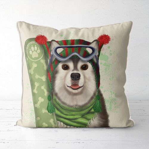 Husky and Snowboard Dog Ski Pillow, Cushion, 45x45cm