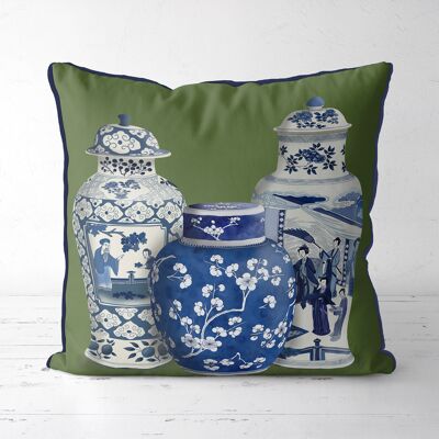 Chinoiserie Vase Trio 2, GREEN, Pillow, Cushion, 45x45cm