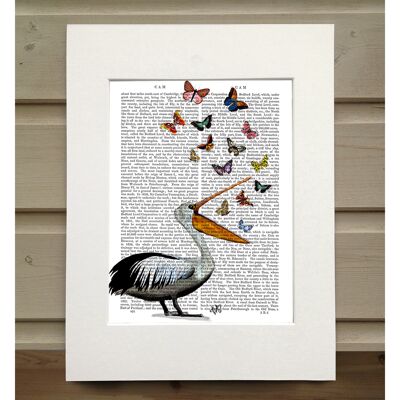 Pelican and Butterflies, Book Print, Art Print, Wall Art