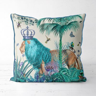 Blue Lion in Tropical Jungle, Tropical Pillow, Cushion, 45x45cm