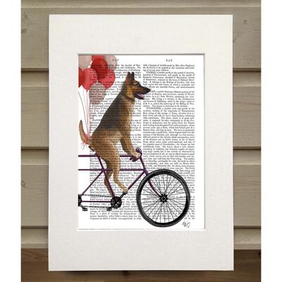 German Shepherd on Bicycle, Book Print, Art Print, Wall Art