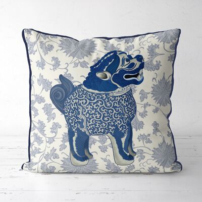Happy Foo Dog Blue Cream Chinoiserie Pillow, Cushion, 45x45cm