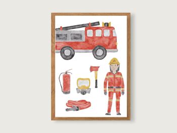 Affiche pompiers A3 | imprimé | Affiches Enfants | impression d'art | Crèche | enfant | garçon | Illustration | Véhicules | pelle 2