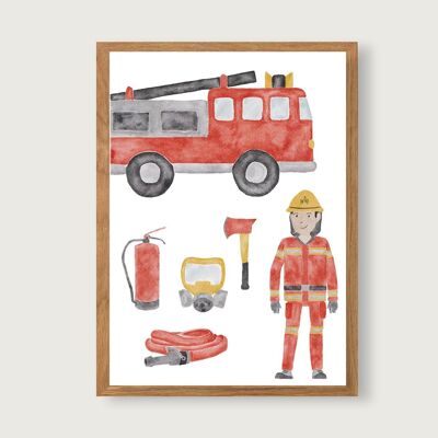 Poster fire brigade A3 | printed | Kids Posters | art print | Nursery | child | boy | Illustration | Vehicles | excavator