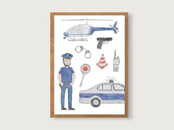 Affiche Police A3 | imprimé | Affiches Enfants | impression d'art | Crèche | enfant | garçon garçon | Illustration | Véhicules | pelle 3