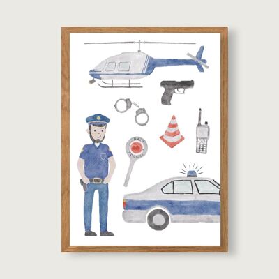 Poster Polizei A3 | Print | Kinderposter | Kunstdruck | Kinderzimmer | Kind | Junge Bub | Illustration | Fahrzeuge | Bagger