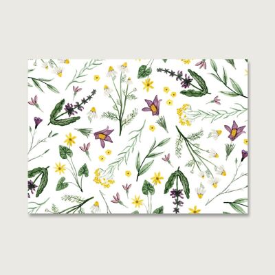 Postkarte | Lila | Gelb | Blumen | Collage | Rose | Muster | Blüten | Aquarell | Wasserfarbe | Illustration | Natur
