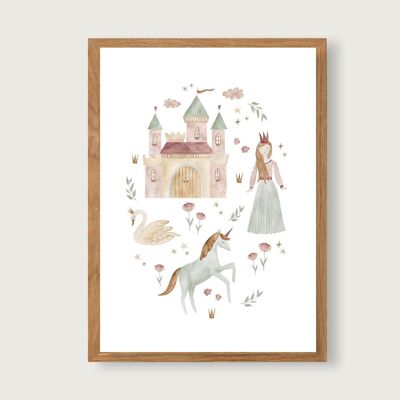 Póster Princesa A3 | impreso | Niños Pósters | impresión de arte | Vivero | niño | bebes | Ilustración | Castillo | unicornio