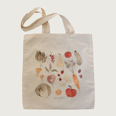 bolsa de tela | bolsa de yute | bolsa de la compra | Frutas y Verduras | Compras | Ilustración | Antiguo