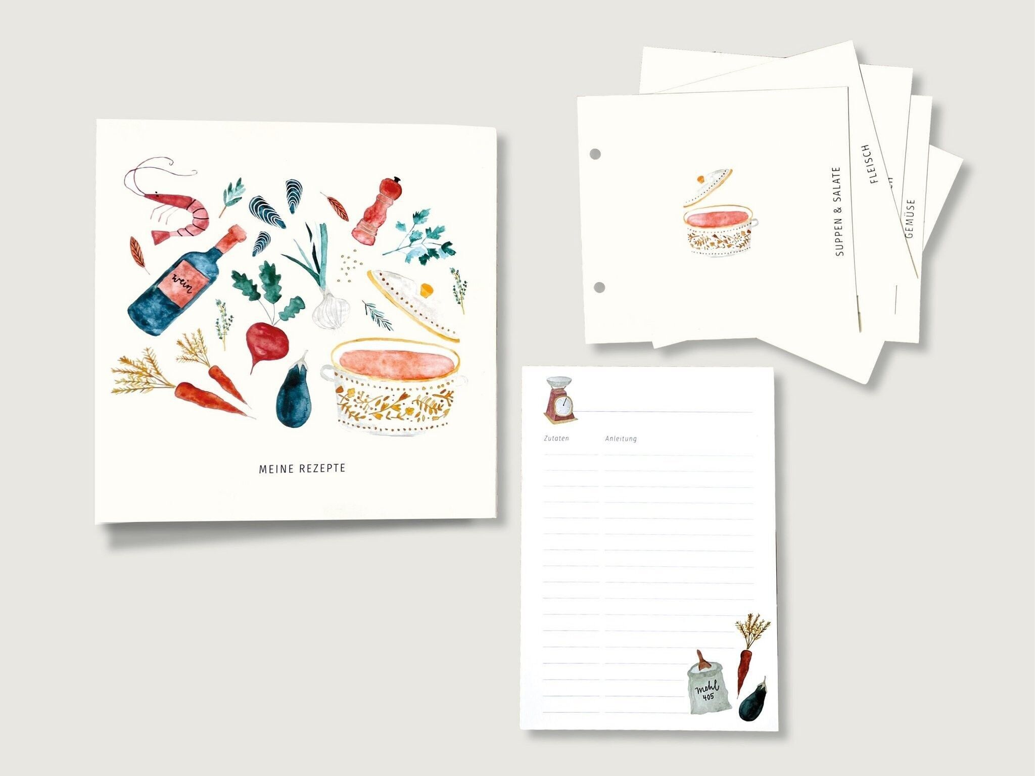 Dossier de recettes "Pot" pour Din A5 avec registre et bloc de recettes