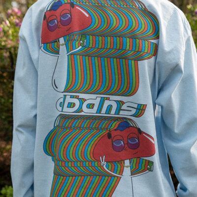 Long Sleeved T-Shirt in Light Blue With Trippy Mushroom Print