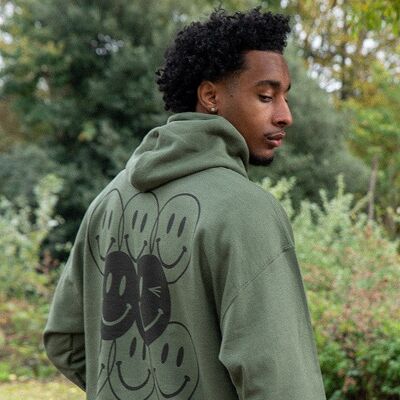 Hoodie in Military Green with 90s Rave Smiley Print