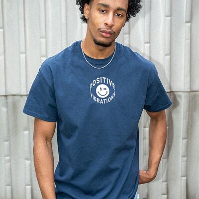 T-Shirt in Navy 90s Rave Smiley Positive Vibrations Embroidery