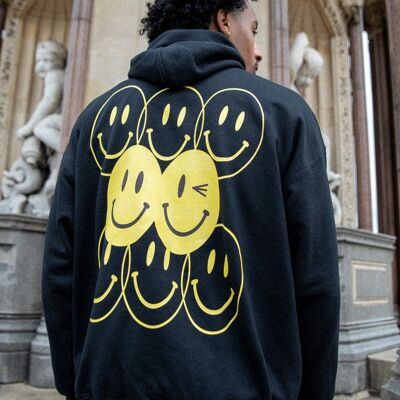 Hoodie in Black With 90s Rave Smiley Print