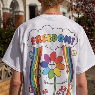 Short Sleeved T-Shirt in White with Freedom Rainbow print