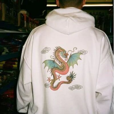 Hoodie in White With Chinese Dragon Print