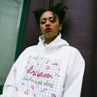 90s Grid Design Printed On A White Cotton Hoodie