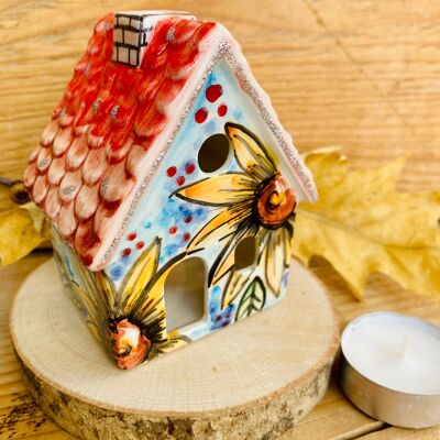 Portavelas de cerámica, forma de casa de girasol para velas de té