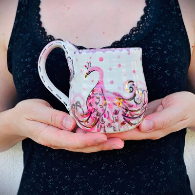 ceramic peacock mug, pink bird coffee cup, handmade pottery
