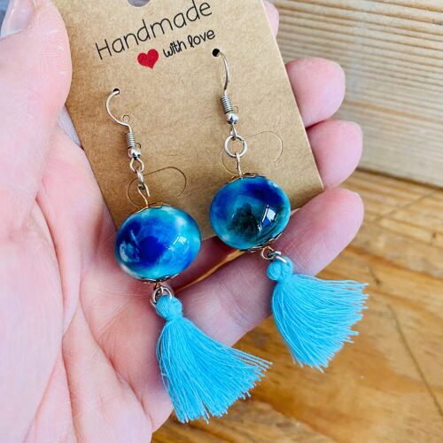 ceramic pendant earrings blue with tassel, handmade in italy