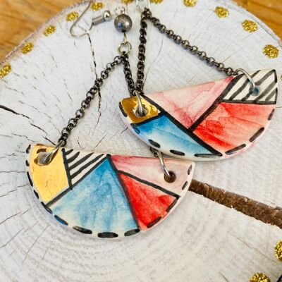geometric colorful half moon ceramic earrings, handmade