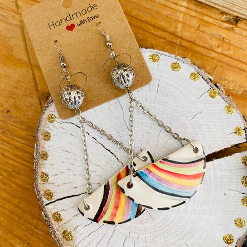 rainbow half moon ceramic earrings, handmade pottery earring