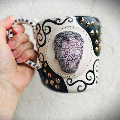 sugar skull pottery mug handmade, ceramic gothic coffee cup