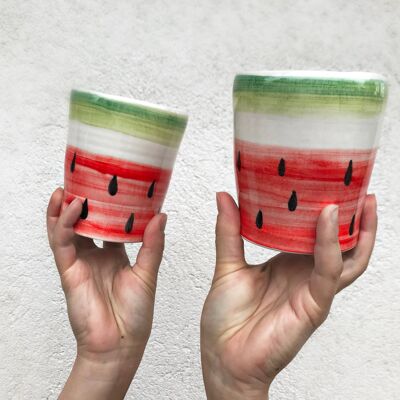 Vaso de cerámica, vaso cerámico hecho a mano de sandía para agua o vino