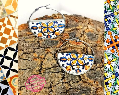 Post hoop earrings with half circle replica Portuguese tile. Exclusive design hoop earrings by Luso Tiles Jewelry.