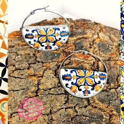 Post hoop earrings with half circle replica Portuguese tile. Exclusive design hoop earrings by Luso Tiles Jewelry.