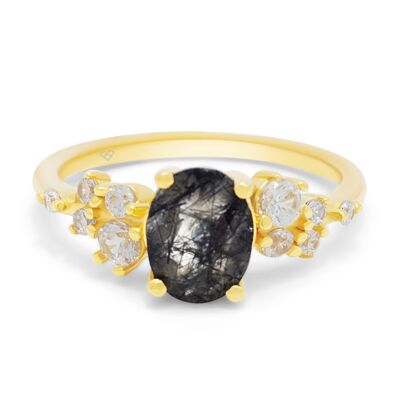 Einzigartiger Ring mit schwarzem Rutilquarz und natürlichem Zirkon, 925er Sterlingsilber und 14-karätigem Vermeil-Gold, Ibiza Night