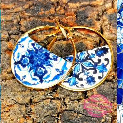 Pendientes de aro reversibles, pendientes de aro de poste elegante, con media réplica de azulejo portugués, joyería portuguesa para ella