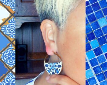 Boucles d'oreilles créoles réversibles, boucles d'oreilles élégantes Post Hoop, avec demi-tuile portugaise réplique, bijoux portugais pour elle 3