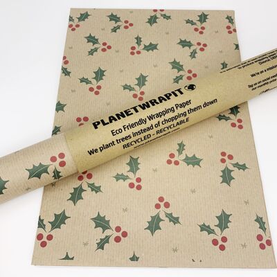 1m Holly Recycled Kraft Christmas Wrapping Paper