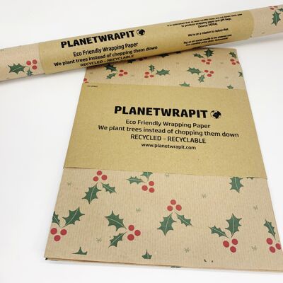 5m Holly Recycled Kraft Christmas Wrapping Paper